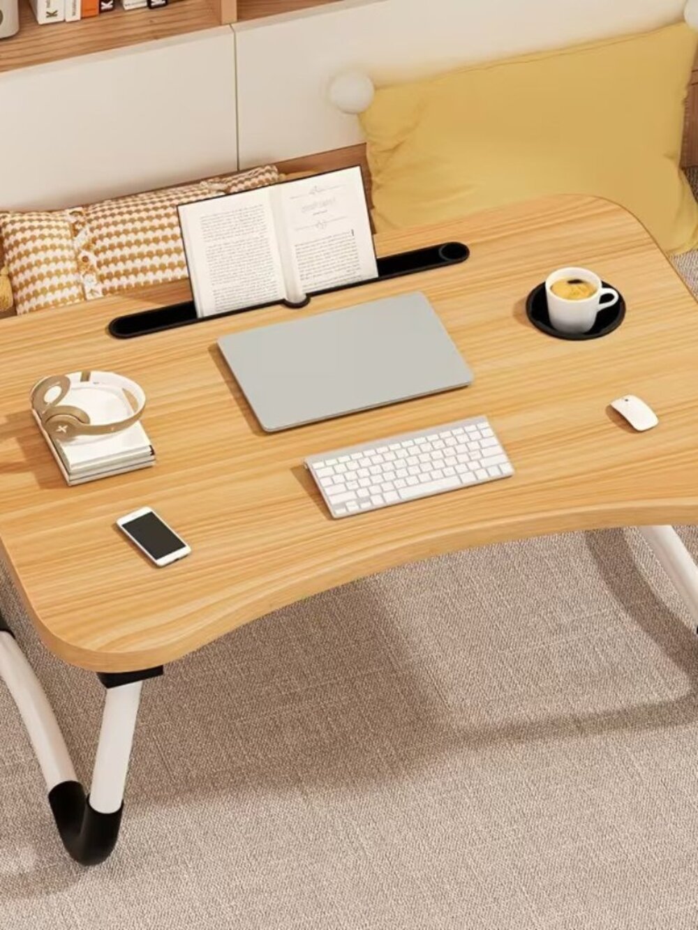 Portable Wooden Office Foldable Computer Desk Tray with Cup Holder